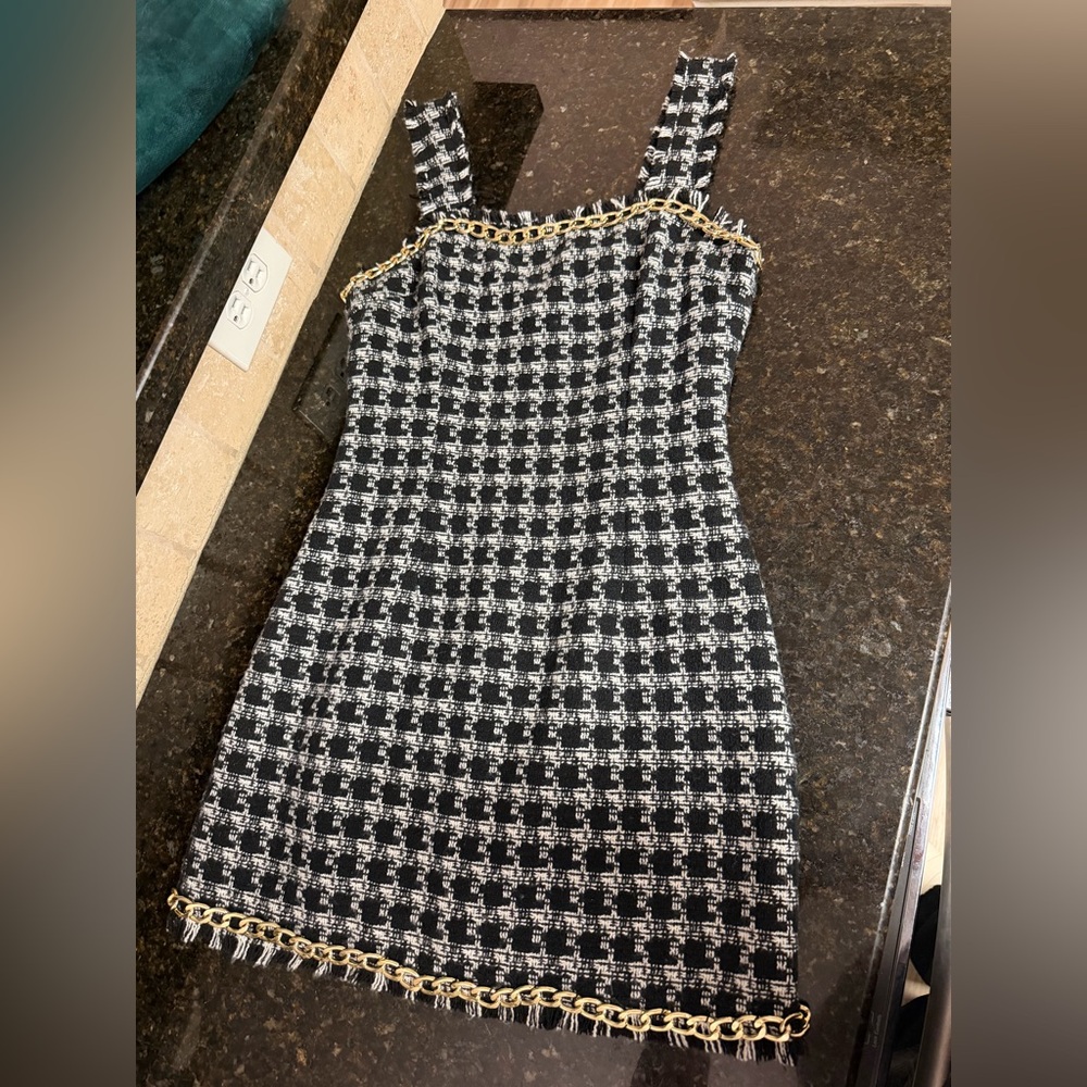Fashion Nova Black & White Houndstooth Mini Dress with Gold Chain Trim